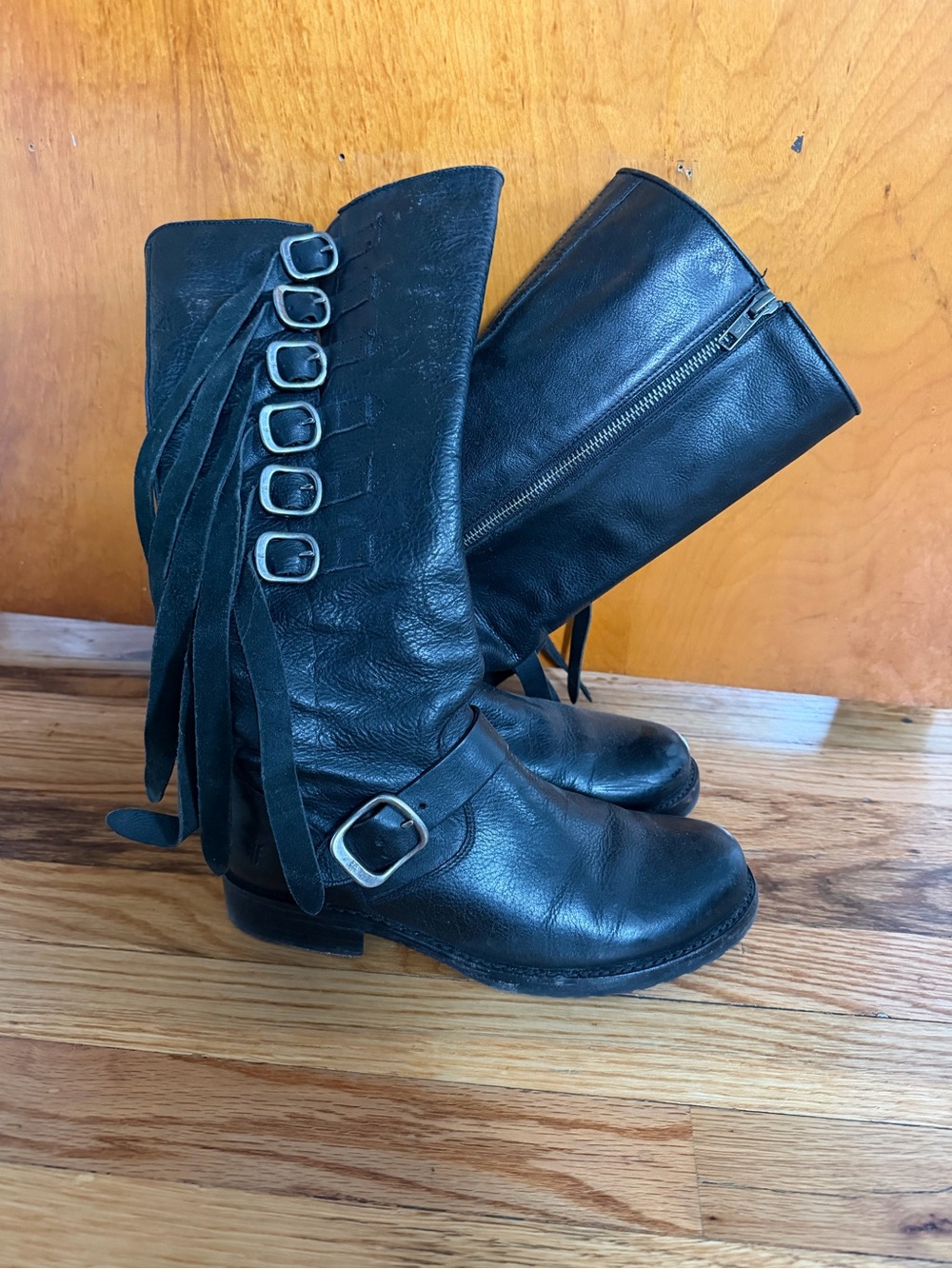 FRYE Leather Boots with buckles & fringe